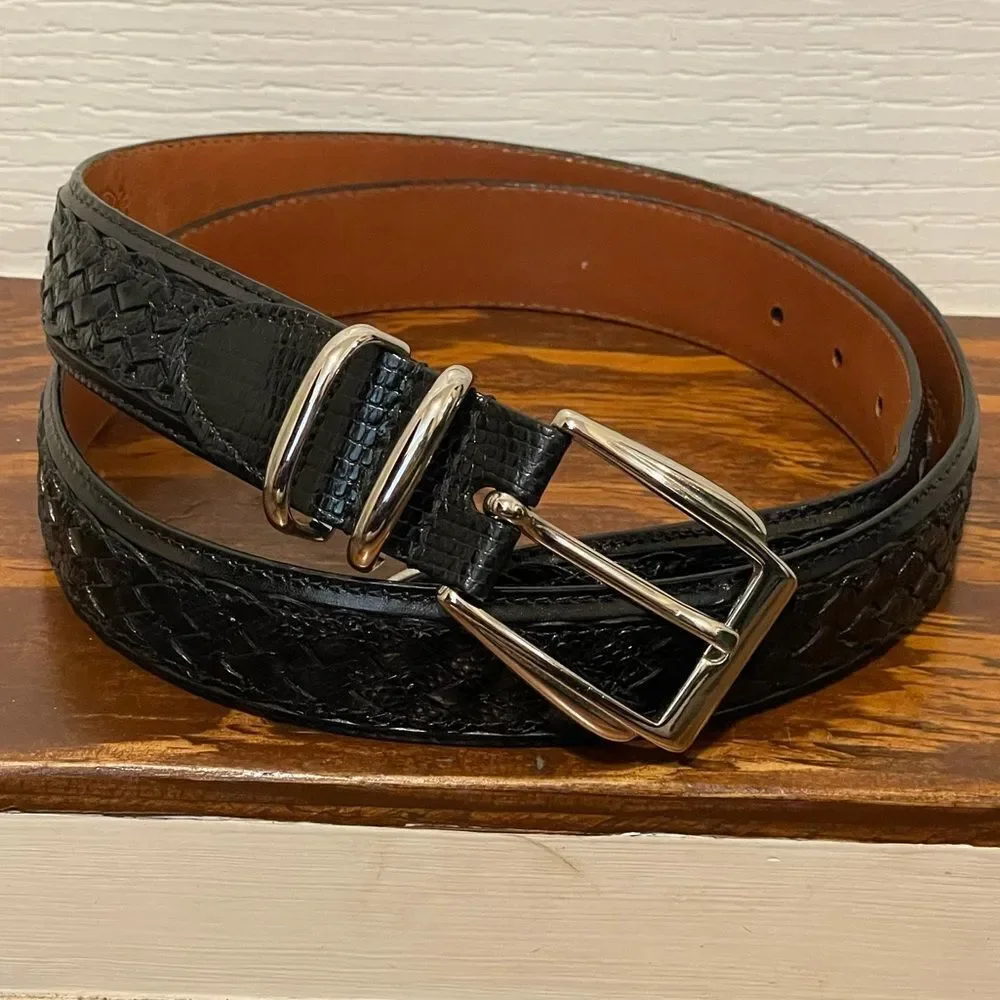 TORINO Ringmark Lizard Men’s Leather Belt Woven Black With Silver Buckle 36